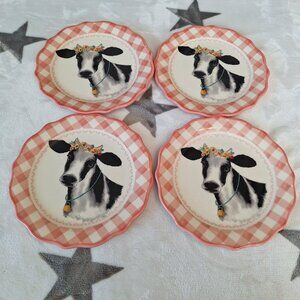 Pioneer Woman Pink Gingham Black & White Cow Appetizer/ Dessert Plates Set‎ Of 4